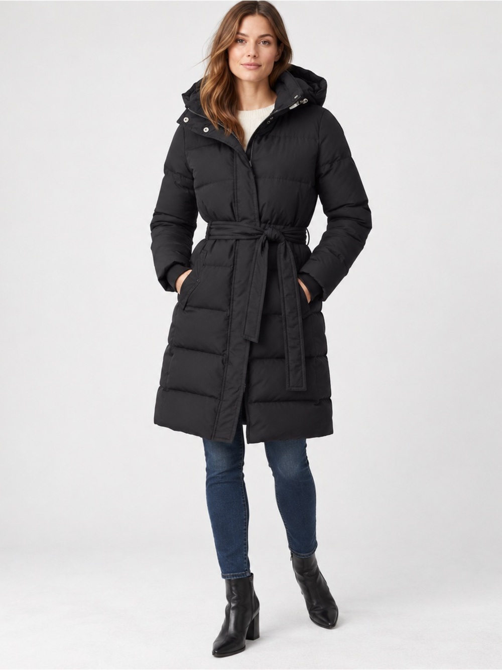 J.Crew Factory Long Belted Down Puffer Coat Black L Hooded